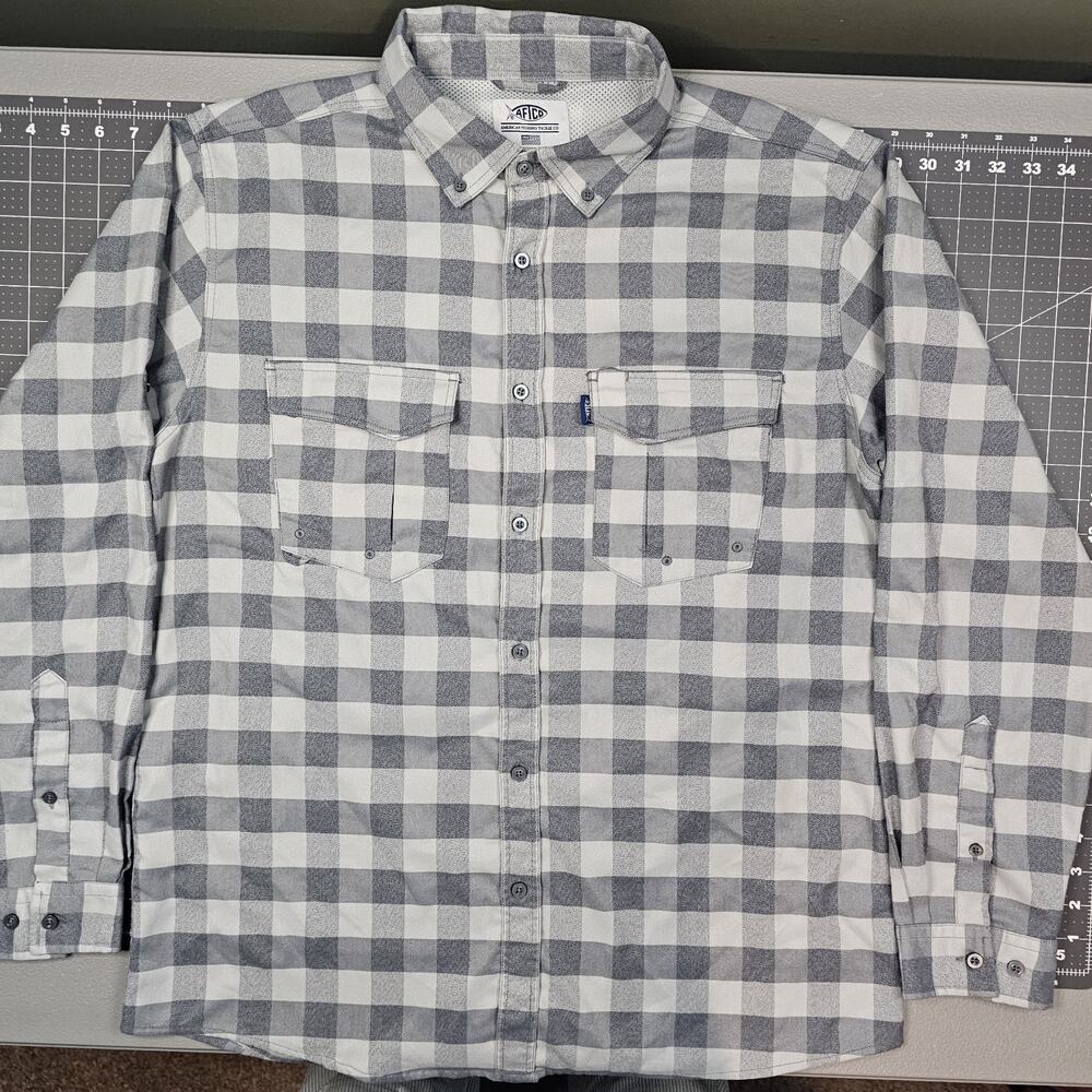 Aftco Shirt Large Buffalo Bill Aftech Flannel Gray Fishing Vented Lined Plaid